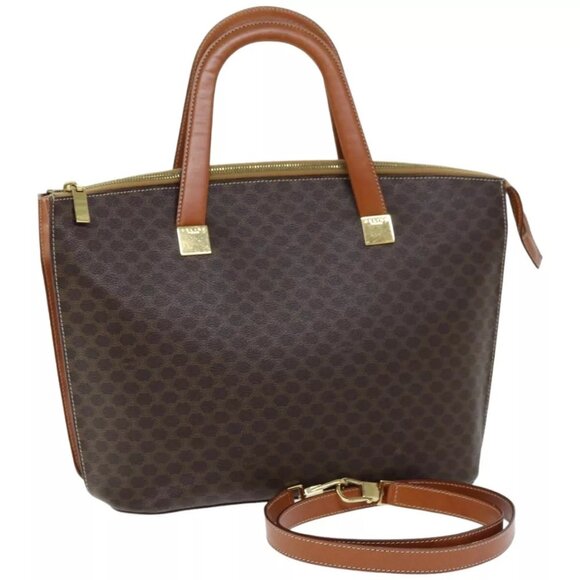 CELINE Macadam Canvas Hand Bag PVC 2way Brown Auth